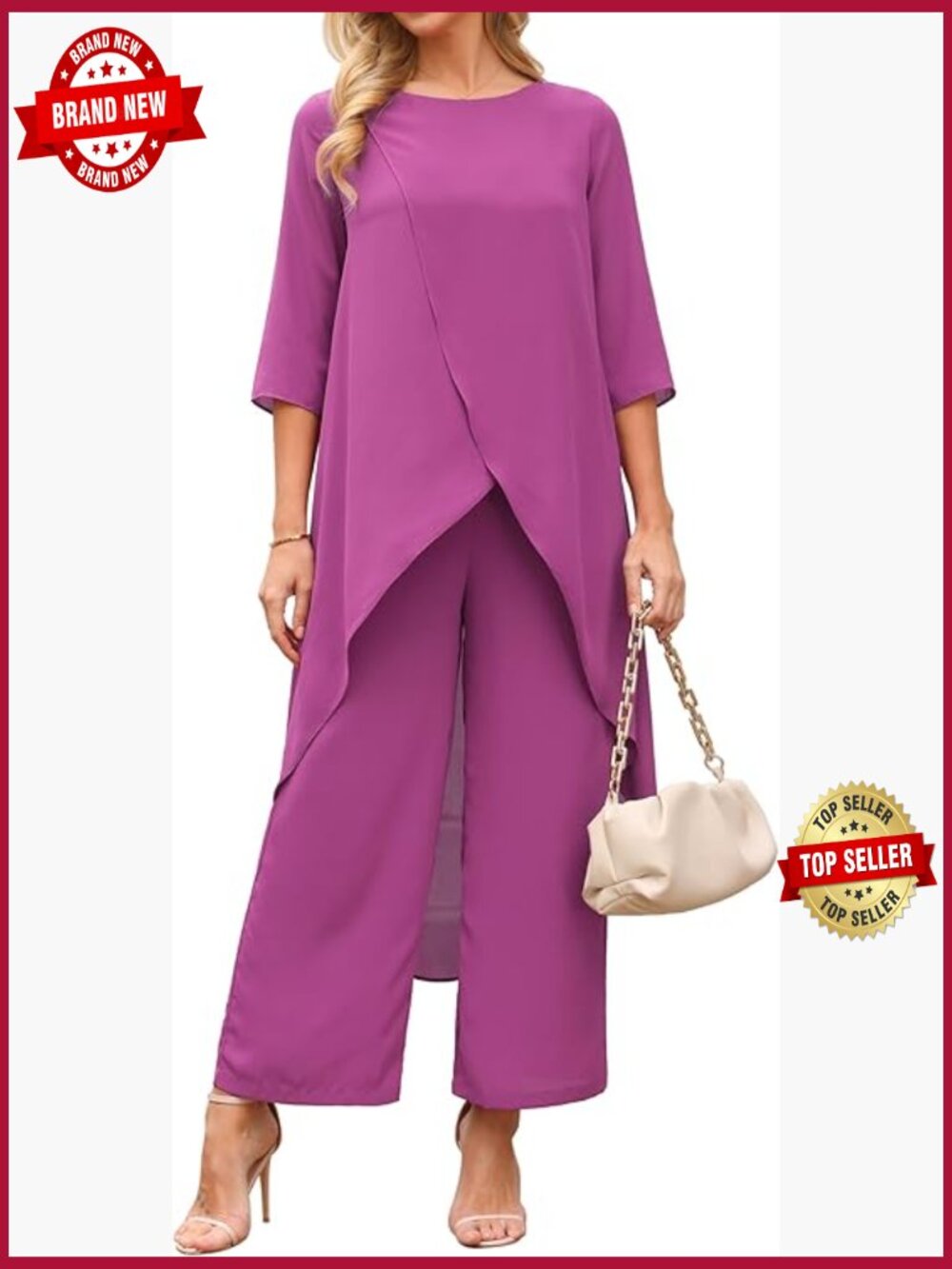 2 Piece Chiffon Pantsuit High Low Top Wide Leg Pants Set Formal Wedding Guest - Picture 1 of 7